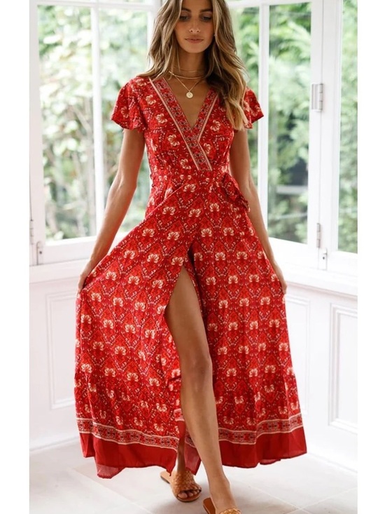 Zesica Dresses & Skirts - Red Floral Wrap Maxi Dress with Short Sleeves